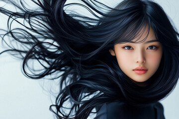 Photo fashion beautiful asian girl brunette, black hair fluttering beautifully in the wind, thick black hair, beautiful girl chinese japanese asian appearance