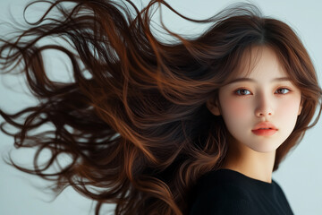 Photo fashion beautiful asian girl brunette, black hair fluttering beautifully in the wind, thick black hair, beautiful girl chinese japanese asian appearance