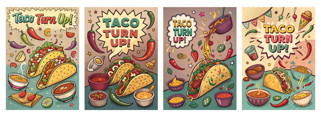 Set of four posters featuring tacos in vibrant comic book style with spices and sauces