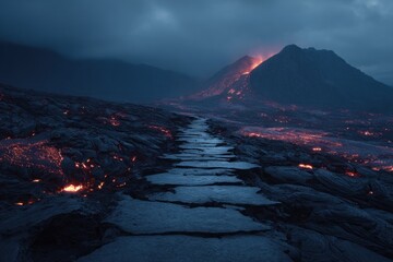 Lava path leads to erupting volcano at twilight