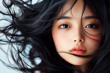 Photo fashion beautiful asian girl brunette, black hair fluttering beautifully in the wind, thick black hair, beautiful girl chinese japanese asian appearance