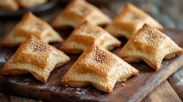 A delicious arrangement of freshly baked pastries with nutmeg and sesame seeds on a serving dish.