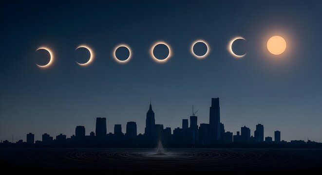 Time-lapse composite of a solar eclipse showing the ring of fire phase over a silhouetted city skyline at dusk.