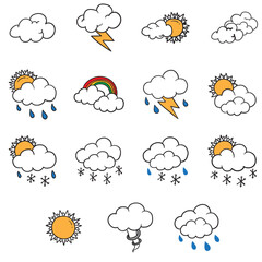 Cartoon weather icons set, hand-drawn style with sun, clouds, rain, snow, lightning, and rainbow, colorful doodle illustrations