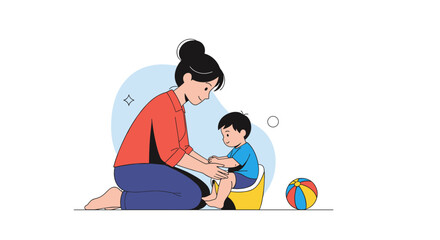 Mother gently assisting her young son during his potty training journey with patience and love