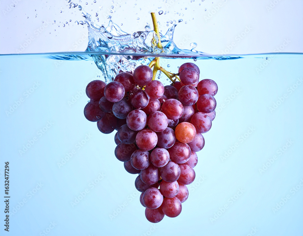 Poster fresh red grapes dropping into clear water creating splash and ripples