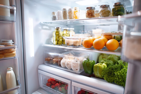 A refrigerator is full of food, including vegetables, fruits, and condiments