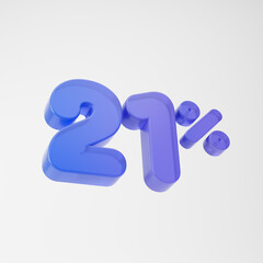 Transparent purple twenty one percent or 21 % isolated over white background. 3D rendering.