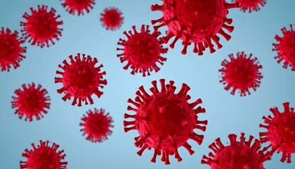 Red Coronavirus Cells Floating Against a Light Blue Gradient Background
