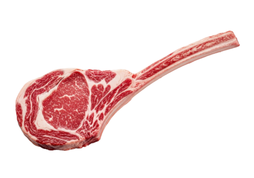 Raw tomahawk steak, deep crimson meat, intricate white marbling, prominent frenched bone, isolated on transparent, clean studio lighting, premium food photography concept