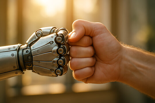 Human and Robot Fist Bump Symbolizing AI Collaboration and Partnership