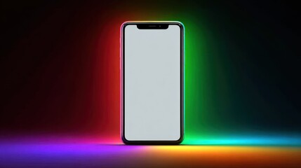 A captivating image featuring a blank white iPhone screen illuminated by a vibrant rainbow light display showcasing the stunning visual effects of modern technology