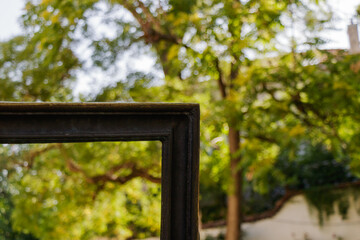 Fototapeta premium Framing nature with an ornate black frame against lush greenery in the afternoon light