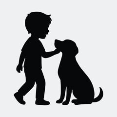 Silhouette boy petting a dog friendship and care vector illustration