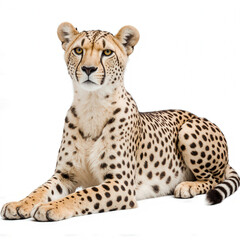 Fototapeta premium Cheetah in repose: A majestic cheetah, its spotted coat and piercing gaze captivating as it lounges, embodying power, grace, and the untamed spirit of the wild.
