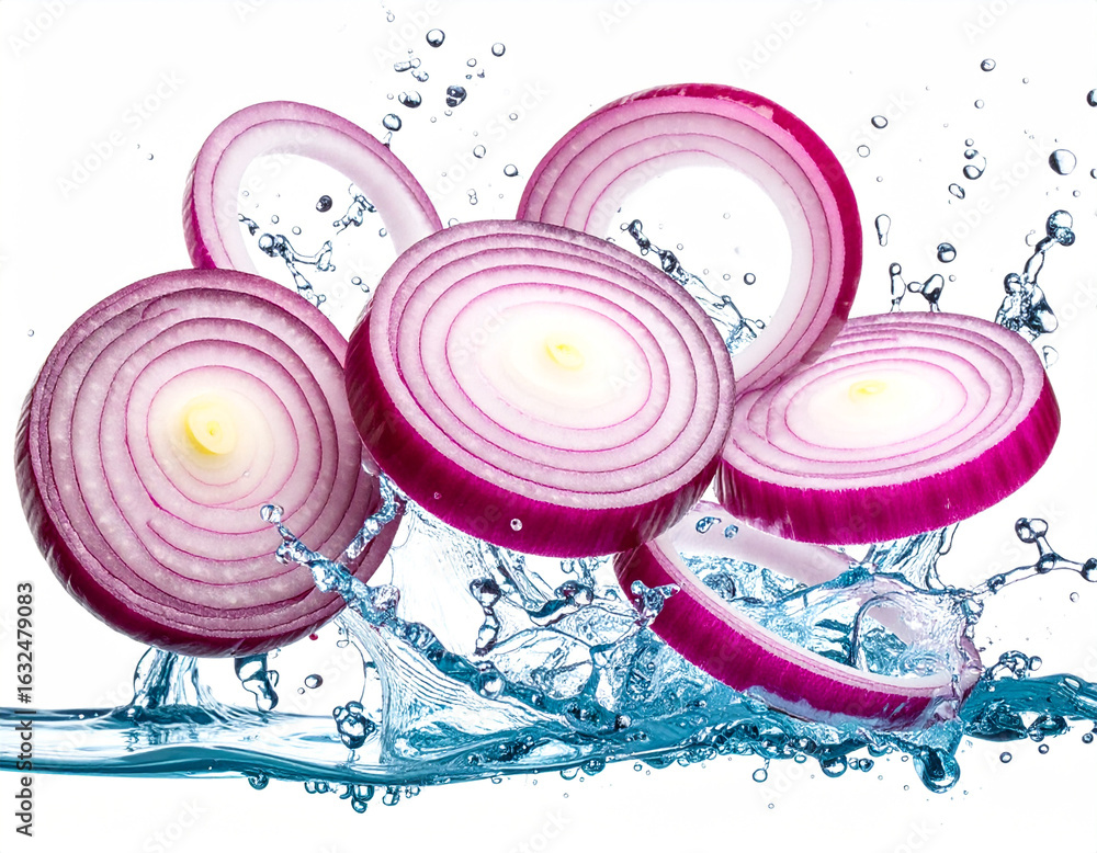 Poster fresh red onion slices splashing through water droplets and bubbles on a white background