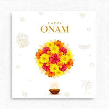 Vibrant floral pookalam design for happy onam celebration