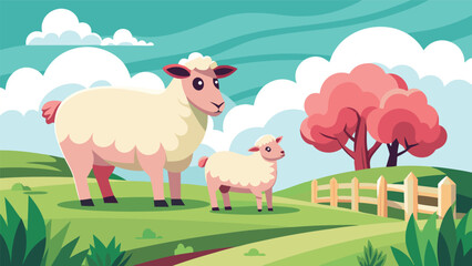 Charming cartoon illustration of a fluffy white sheep and her lamb standing in a vibrant green meadow with a pink tree and wooden fence under a blue sky with fluffy clouds