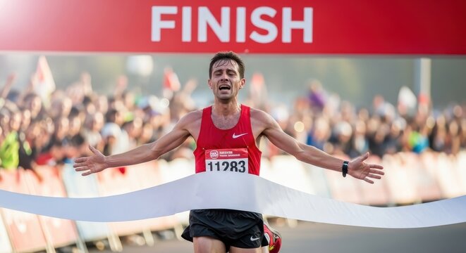 A moment of pure triumph as an exhausted male runner breaks the tape at the finish line, embodying success and perseverance.