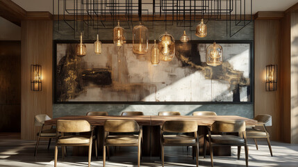 Large square frame above dining table with hanging lights, wood and marble textures