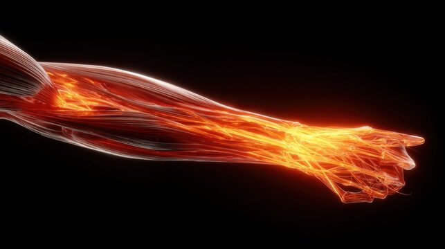 Interactive model of forearm muscles focusing on lateral epicondyle region glowing intense orange illustrating tendon irritation in tennis elbow.