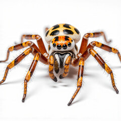 Obraz premium Vibrant Spider Portrait: A mesmerizing macro photograph reveals the intricate beauty of a jumping spider, its colorful patterns and keen eyes displayed against a clean backdrop.