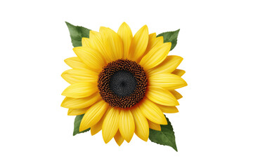 Fototapeta premium Close-up of a vibrant sunflower. Bright yellow petals surround a dark brown center. Two green leaves are positioned near the flower