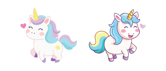 Cute Cartoon Unicorns with Rainbow Manes and Hearts