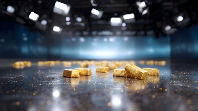 Gold bars on a media studio set with financial news lighting - Powered by Adobe