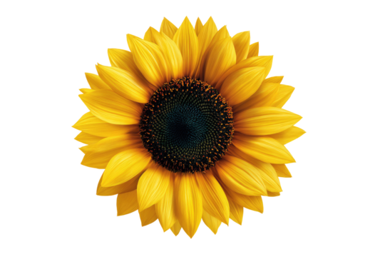 Close-up of a vibrant sunflower against a black background.  The flower's bright yellow petals radiate outward from a dark brown central disc.  Petals are detailed with subtle shading and texture