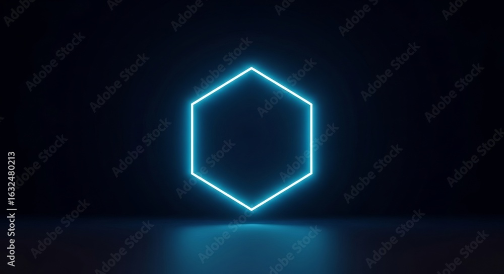 Poster a vibrant blue neon hexagon illuminates a dark, empty space, casting a soft reflection on the floor.