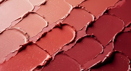 Close-up of multiple lipsticks smears in pink and red tones