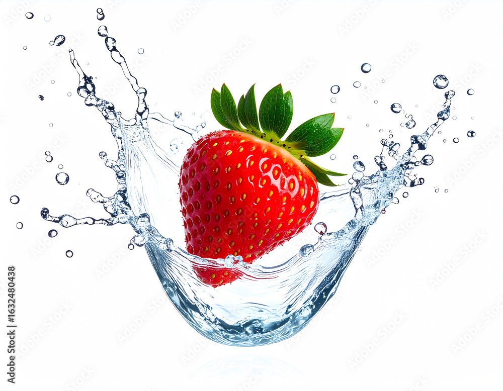 Poster fresh strawberry splashing into water creating dynamic splash and droplets
