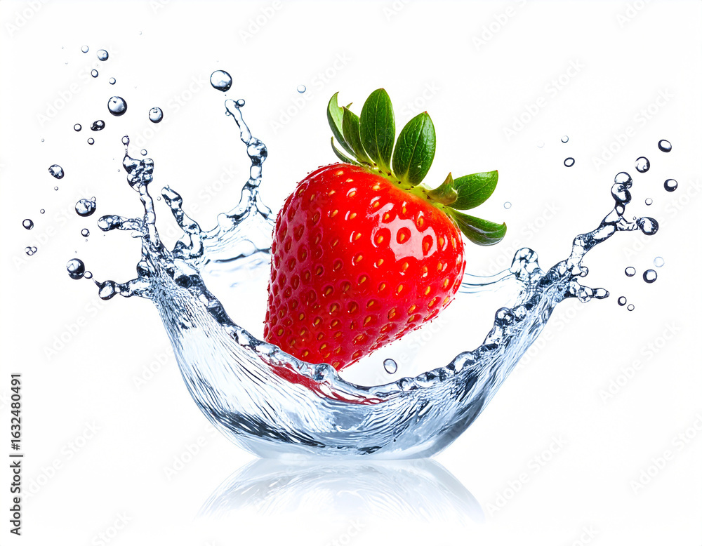 Poster fresh strawberry splashing into water creating dynamic splash and droplets