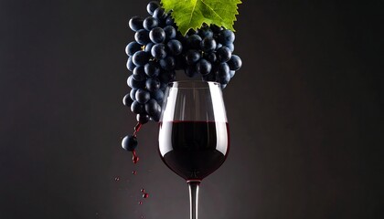 Dark Red Wine Glass with Fresh Grapes and Dripping Juice on Dark Background