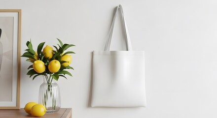A blank white tote bag mockup hangs on a wall next to a vase of fresh lemons and leaves.