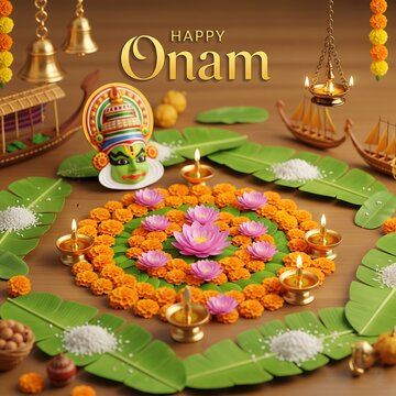Vibrant pookalam and onam greetings with traditional elements