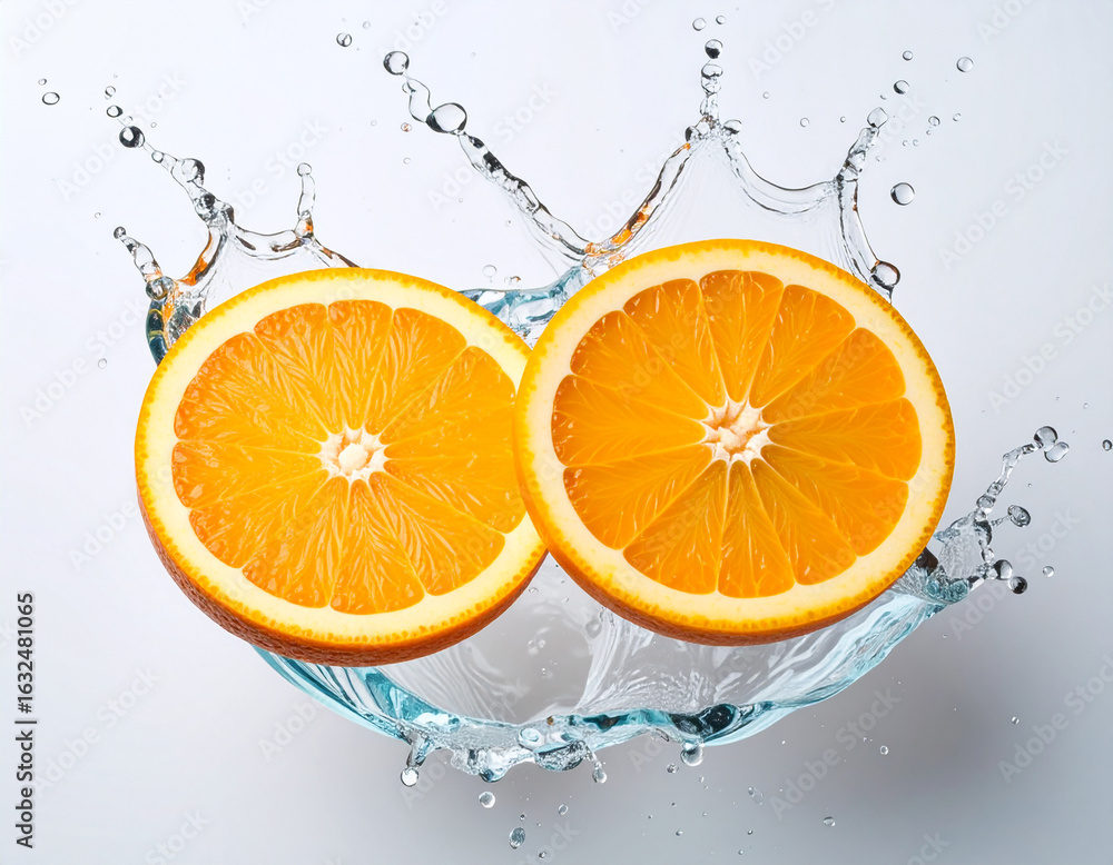 Poster refreshing sliced oranges splashing through water creating dynamic liquid effects