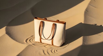 A stylish white and brown tote bag rests on a sunlit, windswept sand dune.