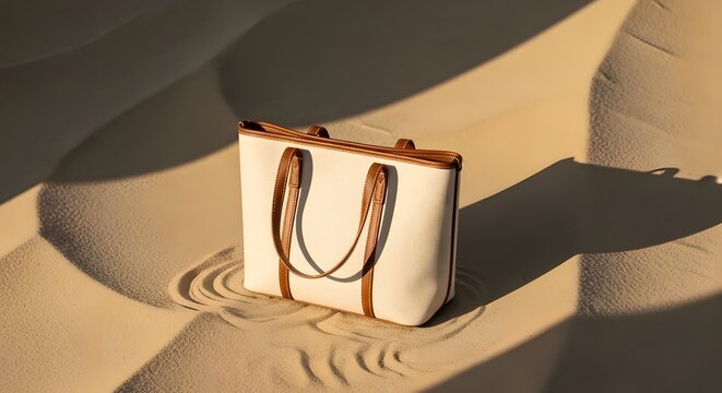 A stylish white and brown tote bag rests on a sunlit, windswept sand dune. - Powered by Adobe