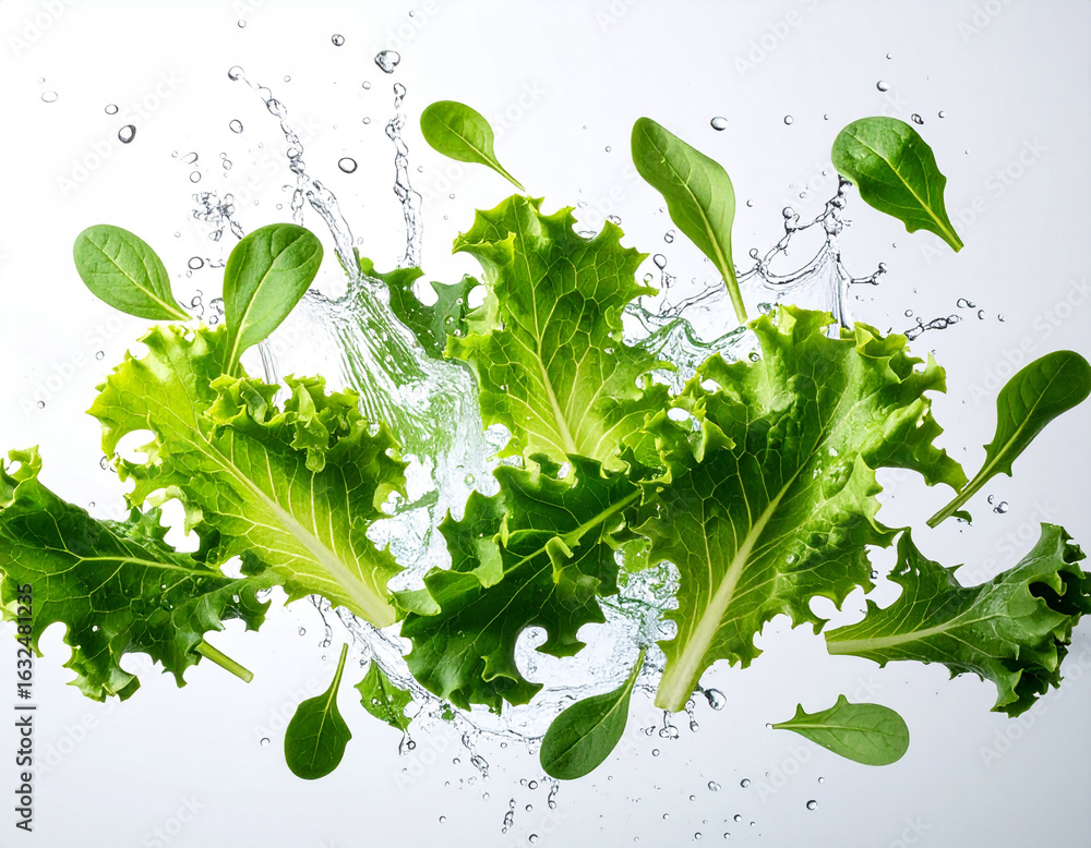Poster fresh leafy greens splashing through water with dynamic movement and water droplets creating a vibra
