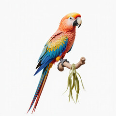 Fototapeta premium Vibrant Parrot Perched: A vividly colored parrot, with stunning plumage of red, orange, yellow, and blue, perches serenely on a natural branch, a captivating image of tropical avian beauty.