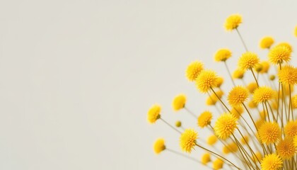 Fototapeta premium Bunch of small yellow flowers with slender stems creating a vibrant and cheerful display against a solid light background