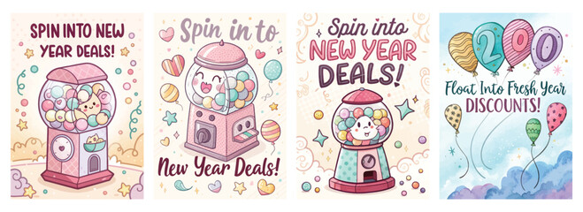 Fototapeta premium Set of four posters featuring gumball machines and balloons for festive New Year promotions