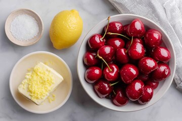 Flat Lay of Cherries Jubilee Ingredients on Marble with Clean Composition