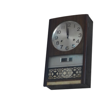 Antique brown and silver wooden wall clock on white background, object, technology, decor, ancient, old, fashion, copy space