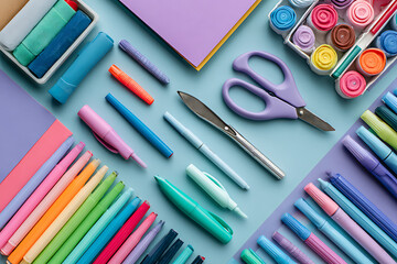 Naklejka premium Vibrant art supplies including colorful markers, scissors, and paint pots arranged artistically for creative projects and inspiration.