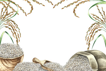 A frame with rice, an upside-down burlap bag, a wooden bowl, rice grains, and a wooden scoop. A watercolor illustration. For menus, recipes, and cookbooks, banners, packaging, labels, and more.