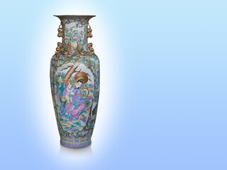 antique large colorful and gold ceramic vase on gradient white and blue background, object, vintage, retro, fashion, copy space