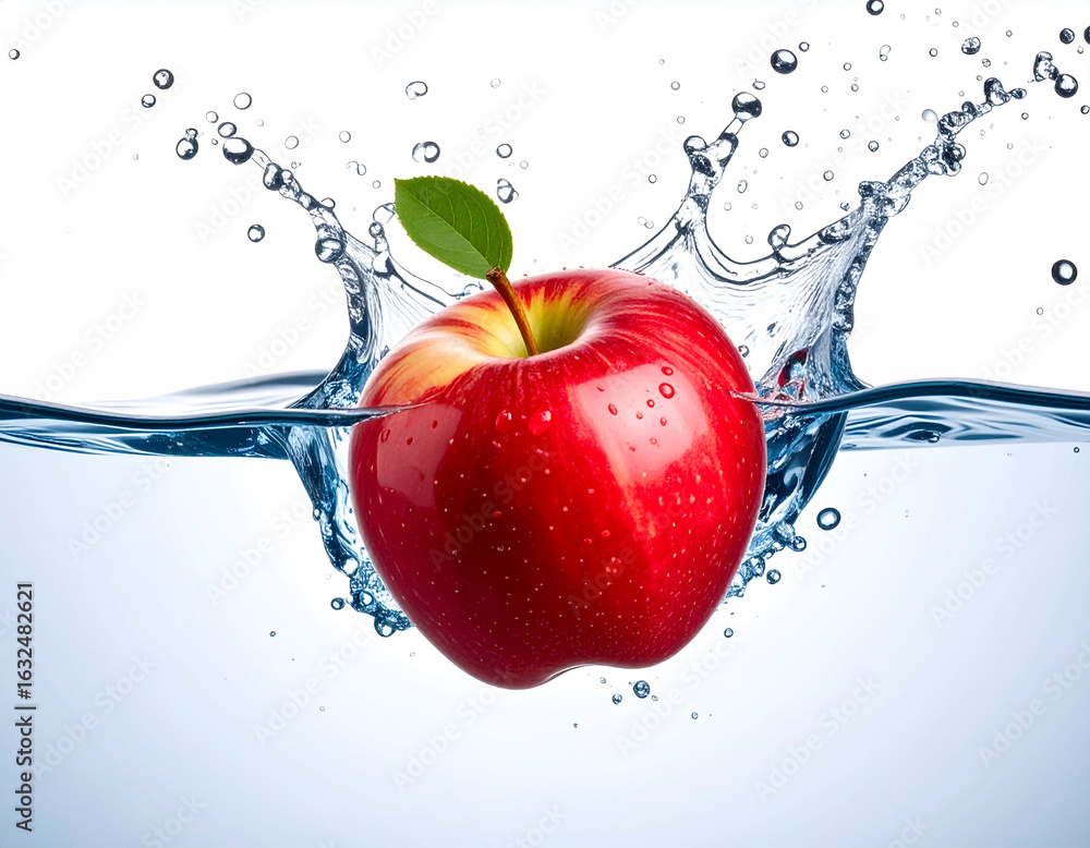 Poster red apple splashing into clear water creating ripples and droplets